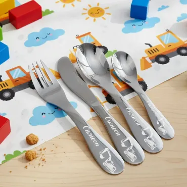 Excavators Personalized  Children cutlery set engraved with CUSTOM Name and Cartoon 